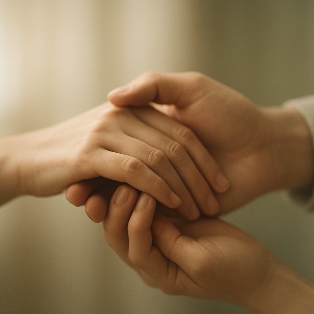 Deux mains tendrement jointes, symbole de soutien et de réconfort