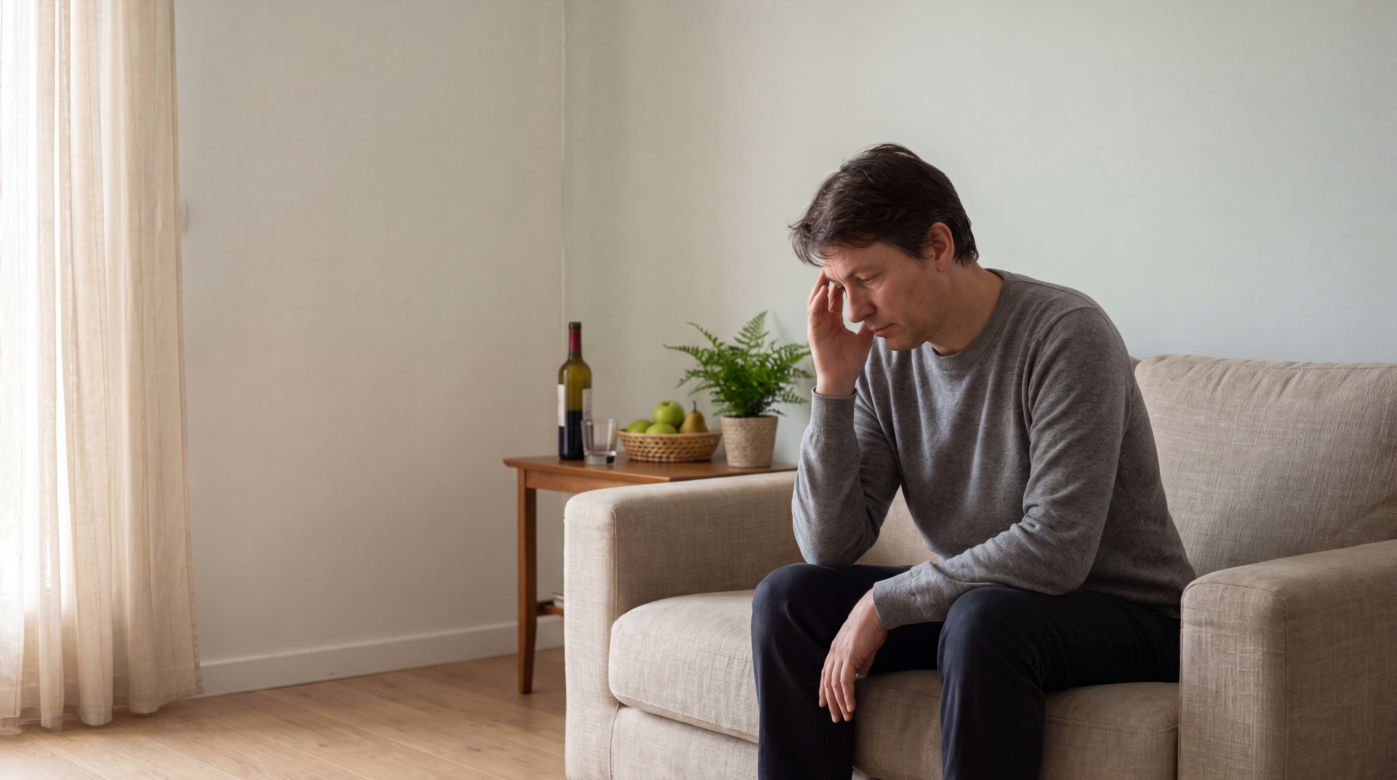 Une personne assise, la tête dans les mains, dans un intérieur calme
