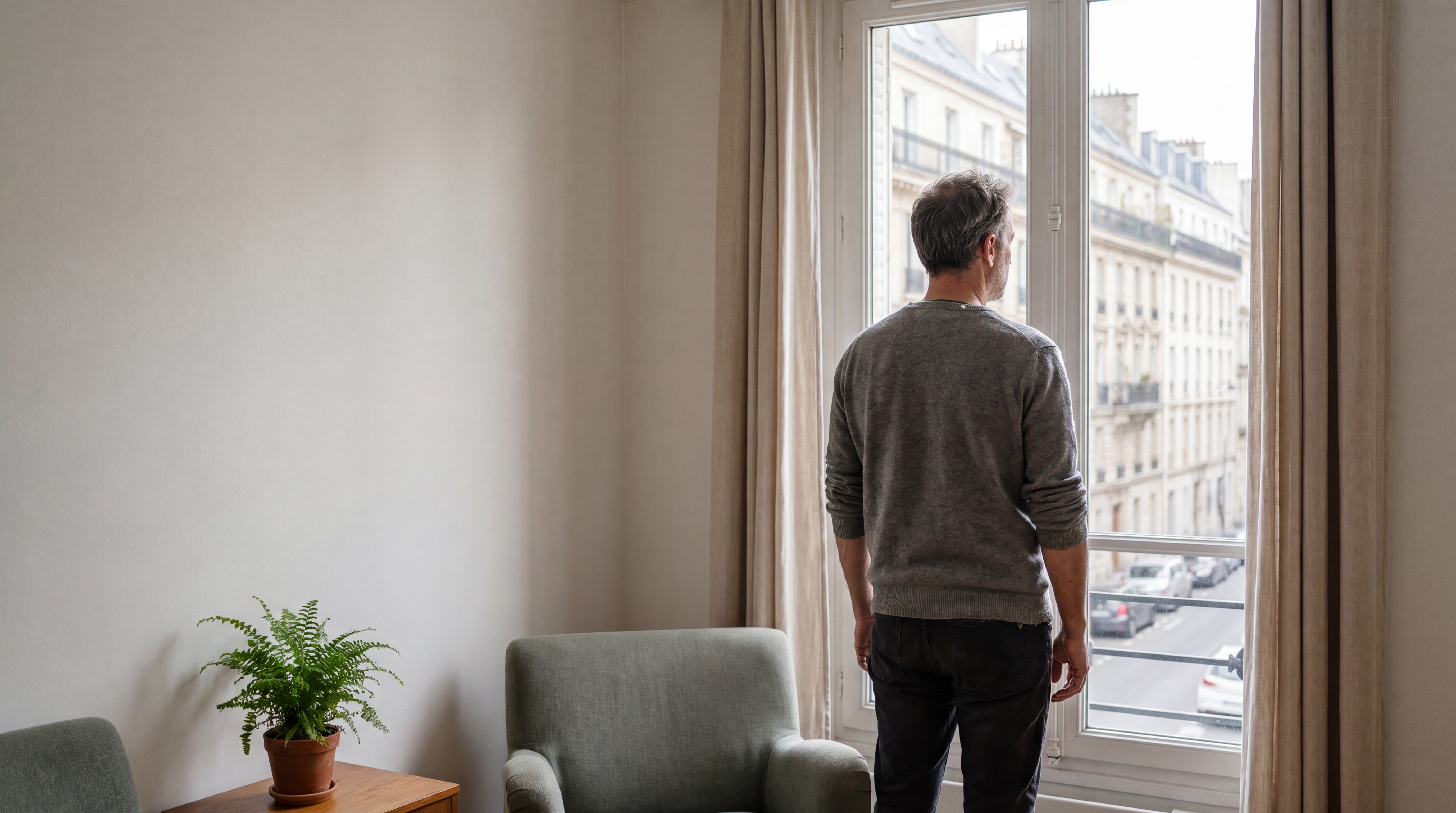 Un homme seul devant une fenêtre, regardant la ville dans une ambiance calme